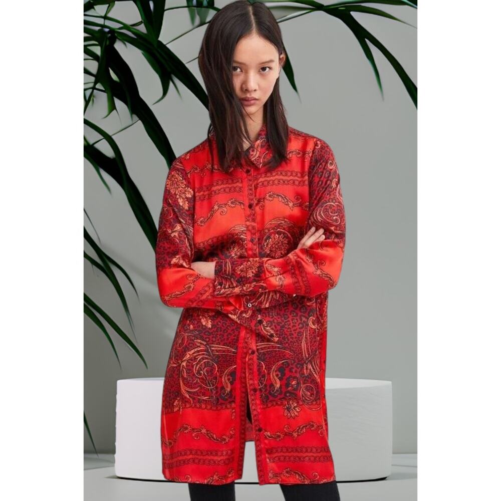 NWT - Zara Women's Red Black Scarf Printed Button Front Shirt Tunic Size: M